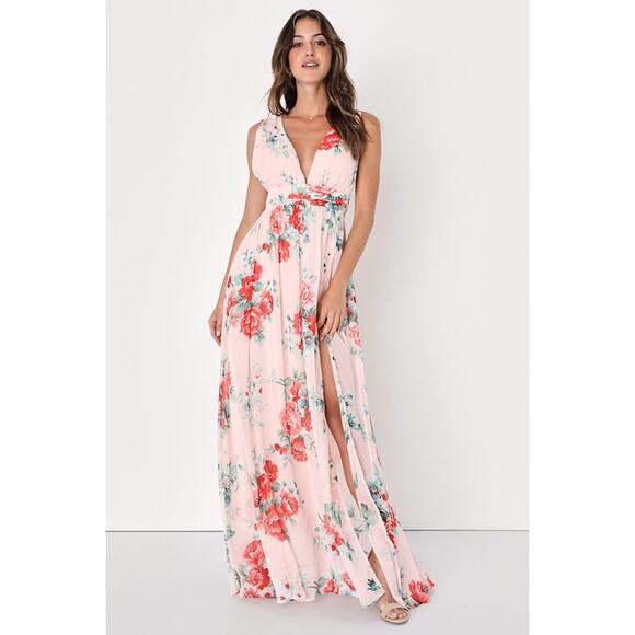Lulu’s Garden Meandering Blush Pink Red Floral Print Maxi Dress Sz Large $79 NWT - Picture 1 of 16